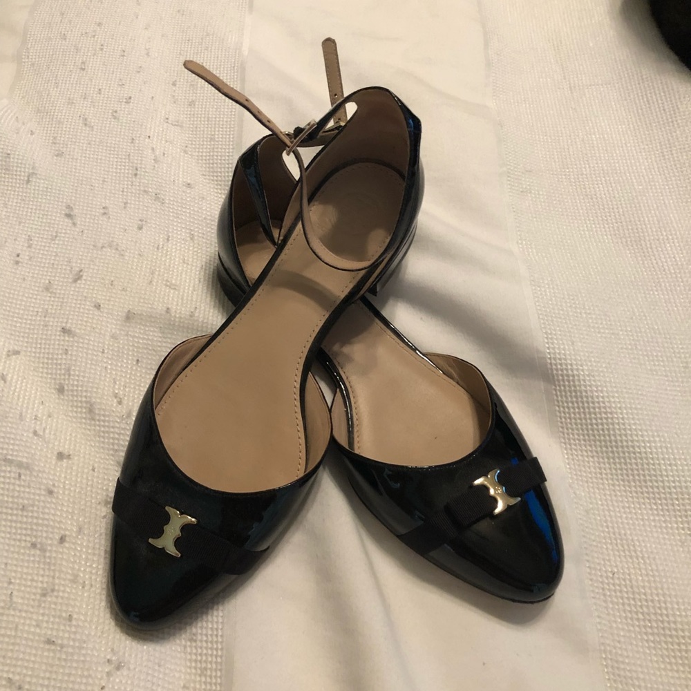 Tory Burch Black Patent Leather Pointed-Toe Flats with Ankle Strap
